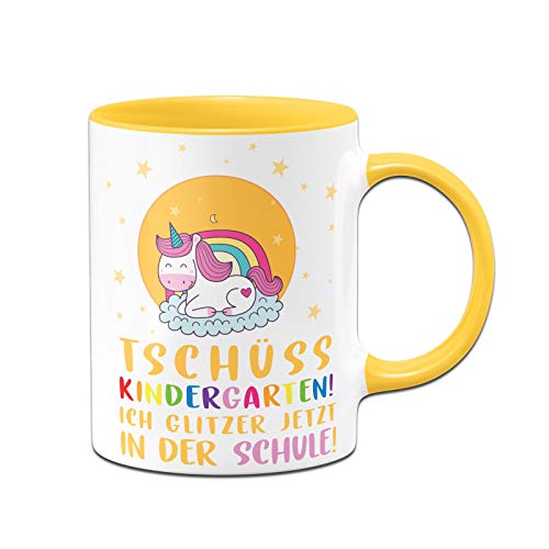 Tassenbrennerei Schulkind Einhorn Tasse Tschüss Kindergarten! Ich Glitzer jetzt in der Schule! Geschenk zur Einschulung Mädchen (Gelb) von Tassenbrennerei