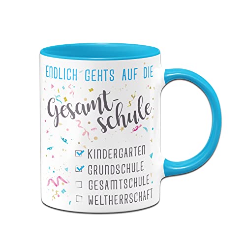 Tassenbrennerei Schulwechsel Tasse mit Spruch Endlich gehts auf die Gesamtschule - Geschenk zur Einschulung in die 5. Klasse - weiterführende Schule (Blau) von Tassenbrennerei