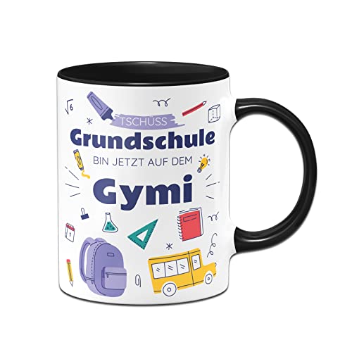 Tassenbrennerei Schulwechsel Tasse mit Spruch Tschüss Grundschule Bin jetzt auf dem Gymi - Geschenk zur Einschulung 5. Klasse aufs Gymnasium (Schwarz) von Tassenbrennerei