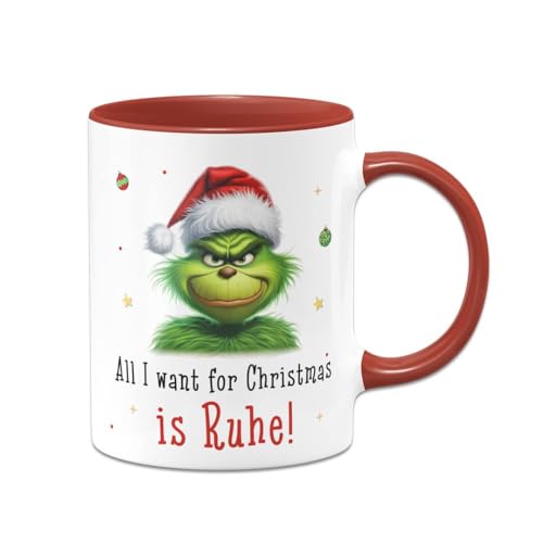 Tassenbrennerei Tasse Grinch - All I want for Christmas is Ruhe! - Kaffeetasse mit Spruch - Weihnachtstasse lustig - Weihnachts-Deko (Rot) von Tassenbrennerei
