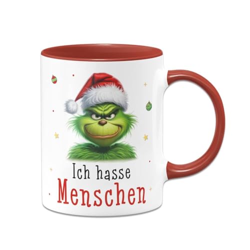 Tassenbrennerei Tasse Grinch - Ich hasse Menschen - Kaffeetasse mit Spruch, Weihnachtstasse lustig - Weihnachts-Deko Anti-Weihnachten (Rot) von Tassenbrennerei