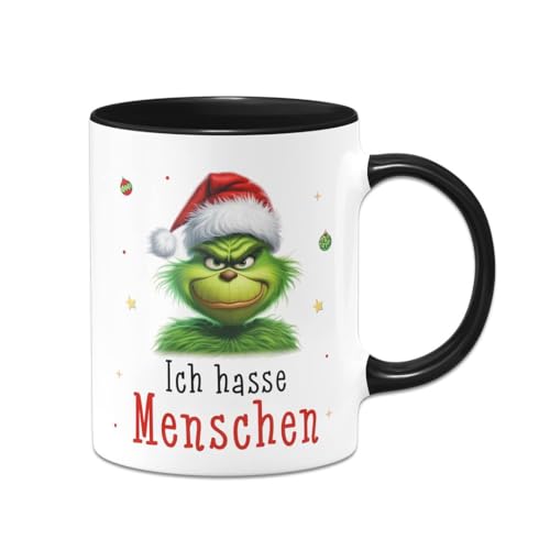 Tassenbrennerei Tasse Grinch - Ich hasse Menschen - Kaffeetasse mit Spruch, Weihnachtstasse lustig - Weihnachts-Deko Anti-Weihnachten (Schwarz) von Tassenbrennerei