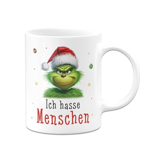 Tassenbrennerei Tasse Grinch - Ich hasse Menschen - Kaffeetasse mit Spruch, Weihnachtstasse lustig - Weihnachts-Deko Anti-Weihnachten (Weiß) von Tassenbrennerei