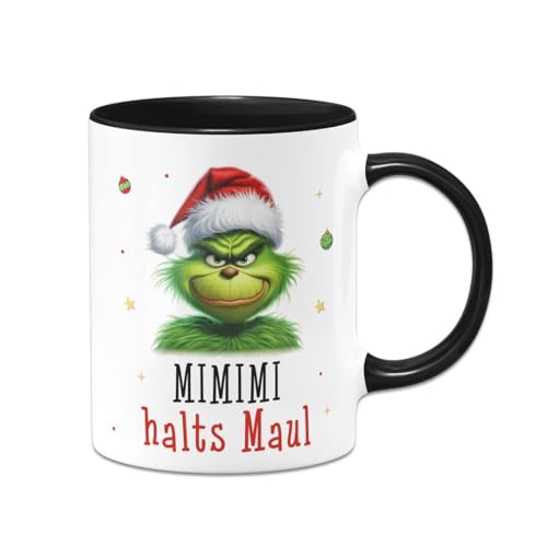 Tassenbrennerei Tasse Grinch - Mimimi Halts Maul - Anti-Weihnachten Weihnachtstasse lustig - Kaffeetasse mit Spruch Weihnachts-Deko (Schwarz) von Tassenbrennerei