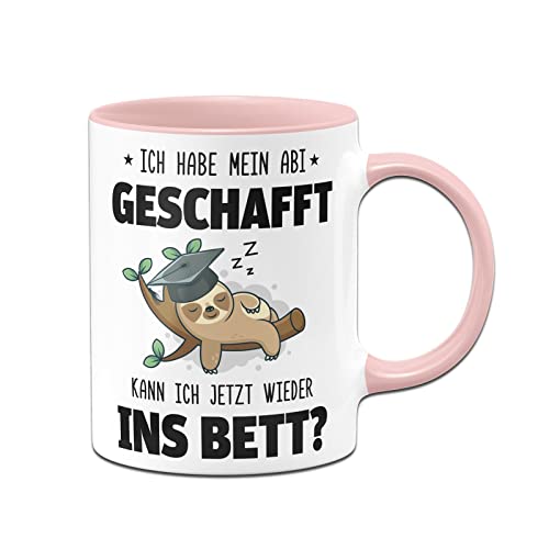 Tassenbrennerei Tasse - Ich habe mein Abi geschafft. Kann ich jetzt wieder ins Bett? - Faultier Kaffeetasse lustig mit Spruch als Geschenk zum Abitur (Rosa) von Tassenbrennerei