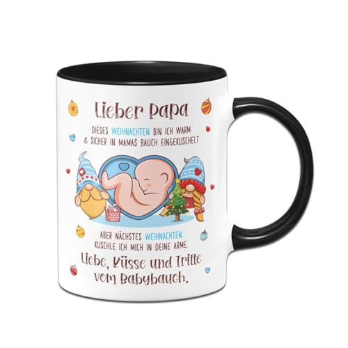 Tassenbrennerei Tasse - Lieber Papa dieses Weihnachten bin ich noch in Mamas Bauch - Kaffeetasse als Geschenk für werdenden Vater (Schwarz) von Tassenbrennerei