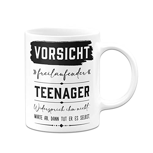 Tassenbrennerei Tasse - Vorsicht freilaufender Teenager - Kaffeetasse lustig mit Spruch als Geschenk zur Jugendweihe - Geschenkidee Sohn, Tochter (Weiß) von Tassenbrennerei