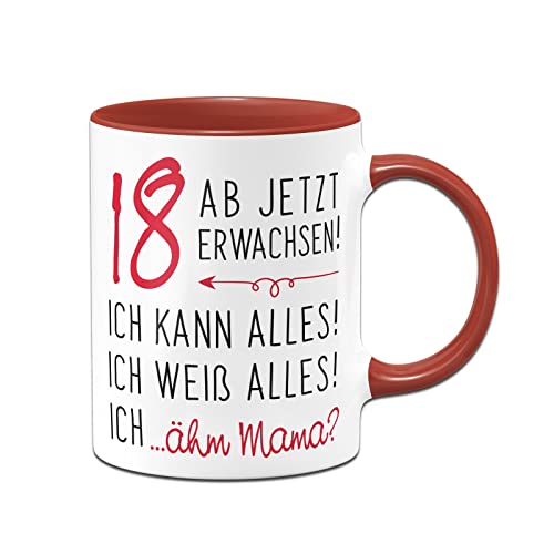 Tassenbrennerei Tasse mit Spruch 18 ab jetzt erwachsen - Kaffeetasse als lustiges Geschenk zum 18. Geburtstag für Sohn und Tochter (Rot) von Tassenbrennerei