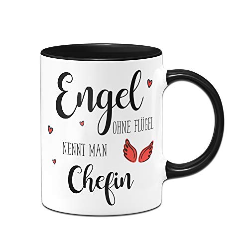Tassenbrennerei Tasse mit Spruch Engel ohne Flügel nennt Man Chefin - Geschenk (Schwarz) von Tassenbrennerei