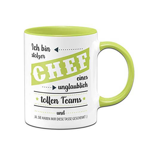 Tassenbrennerei Tasse mit Spruch Ich Bin stolzer Chef eines unglaublich tollen Teams - Kaffeetasse lustig - Geschenk für Boss - Spülmaschinenfest (Grün) von Tassenbrennerei