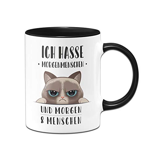 Tassenbrennerei Tasse mit Spruch Ich hasse Morgenmenschen und Morgen und Menschen - Kaffeetasse lustig mit Katze (Schwarz) von Tassenbrennerei