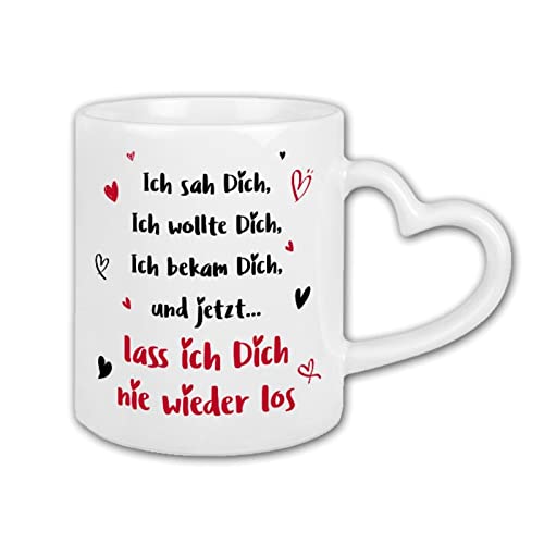 Tassenbrennerei Tasse mit Spruch Ich sah Dich, Ich wollte Dich - Ich liebe Dich Geschenk für Freund, Freundin (Herzhenkel) von Tassenbrennerei