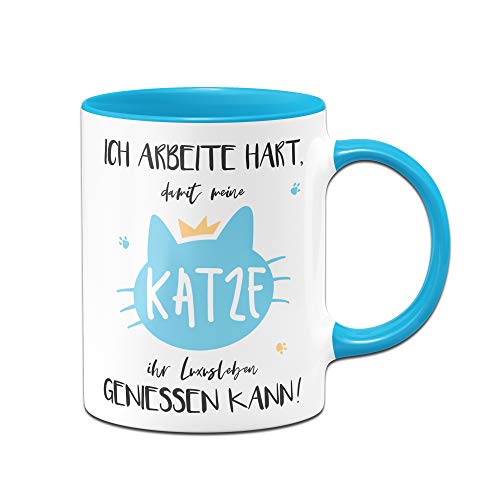 Tassenbrennerei Tasse mit Spruch Katze Luxusleben - Geschenk für Kollegin, Katzenliebhaber (Blau) von Tassenbrennerei