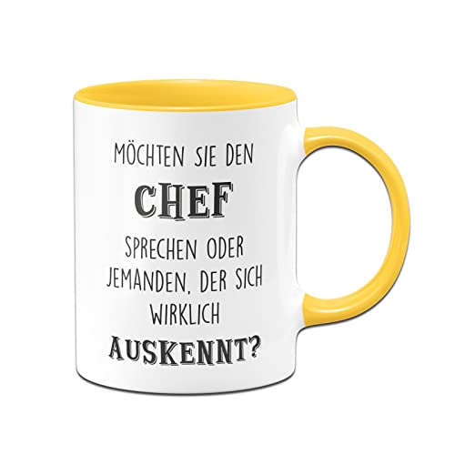 Tassenbrennerei Tasse mit Spruch Möchten Sie den Chef sprechen oder jemanden, der sich wirklich auskennt? - Kaffetasse lustig - Geschenk Kollegen (Gelb) von Tassenbrennerei