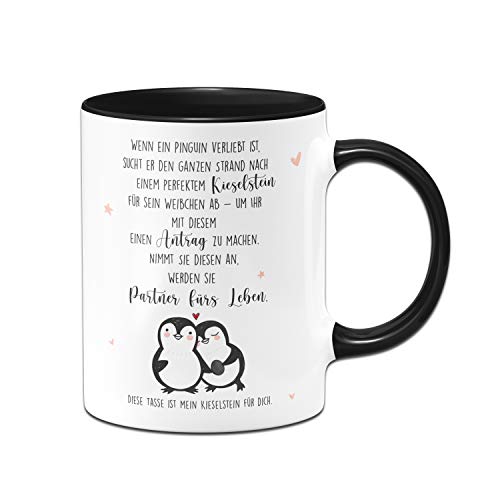 Tassenbrennerei Tasse mit Spruch Pinguin Ich Liebe Dich - Geschenk für Freundin - Kaffeetasse als Antrag - Spülmaschinenfest (Schwarz) von Tassenbrennerei