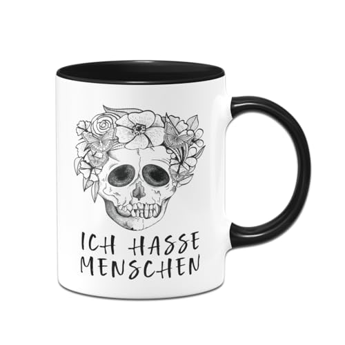 Tassenbrennerei Totenkopf Tasse mit Spruch - Ich hasse Menschen - Totenkopftasse lustig - Kaffeetasse (Schwarz) von Tassenbrennerei