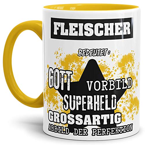 Berufe-Tasse Bedeutung Eines Fleischer Innen & Henkel Gelb/Job/Tasse mit Spruch/Kollegen/Arbeit/Witzig/Mug/Cup/Geschenk-Idee/Beste Qualität - 25 Jahre Erfahrung von Tassendruck