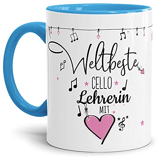 Berufe Tasse - Weltbeste Cello Lehrerin - Geschenk für die weltbeste Musiklehrerin, Musikunterricht, Lehrerin - Keramik Innen & Henkel Hellblau, 300 ml I Cello von Tassendruck