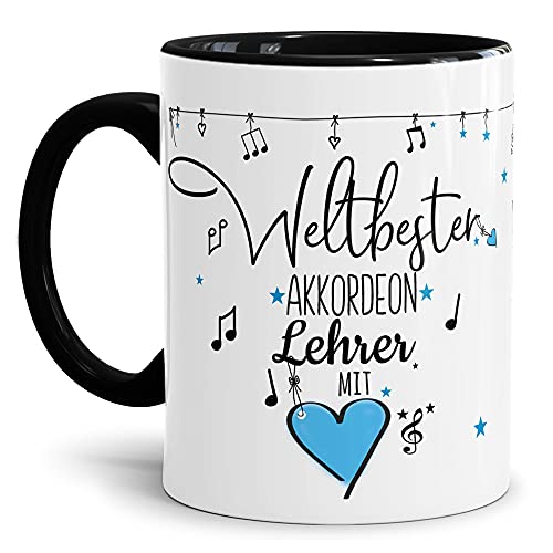 Berufe Tasse - Weltbester Akkordeon Lehrer - Geschenk für den weltbesten Musiklehrer, Musikunterricht, Lehrer - Keramik Innen & Henkel Schwarz, 300 ml I Akkordeon von Tassendruck