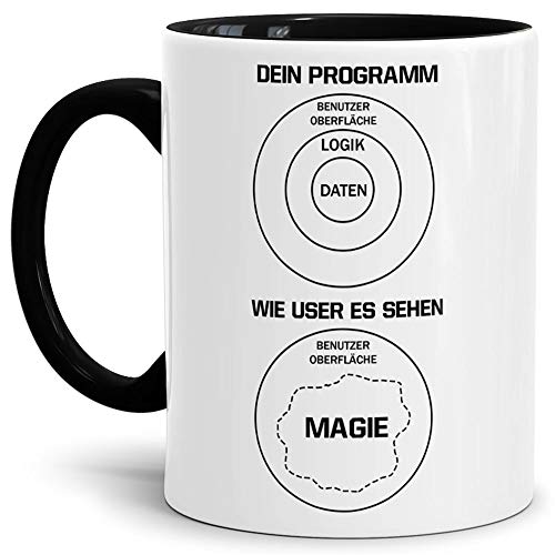 Berufe-Tasse für Programmierer "Dein Programm und wie User es sehen" #FARBE# / Job/Tasse mit Spruch/Kollegen/Arbeit/Fun/Mug/Cup/Geschenk/Beste Qualität - 25 Jahre Erfahrung Innen & Henkel Schwarz von Tassendruck