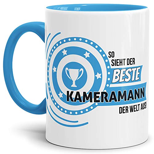 Tassendruck Berufe-TasseSo Sieht der Beste Kameramann aus Innen & Henkel Hellblau/Job/Tasse mit Spruch/Kollegen/Arbeit/Fun/Mug/Cup/Geschenk/Beste Qualität - 25 Jahre Erfahrung von Tassendruck