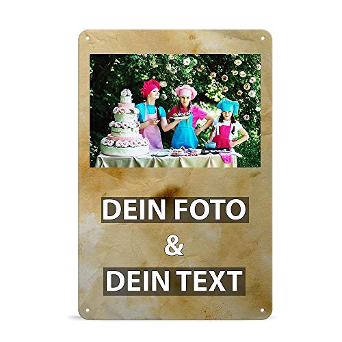 Blech-Schild mit Foto und Text selbst gestalten/Personalisierbar mit eigenem Bild als Metall-Poster / A4 (21x30cm) im Hochformat/Altes Papier 1 von Tassendruck