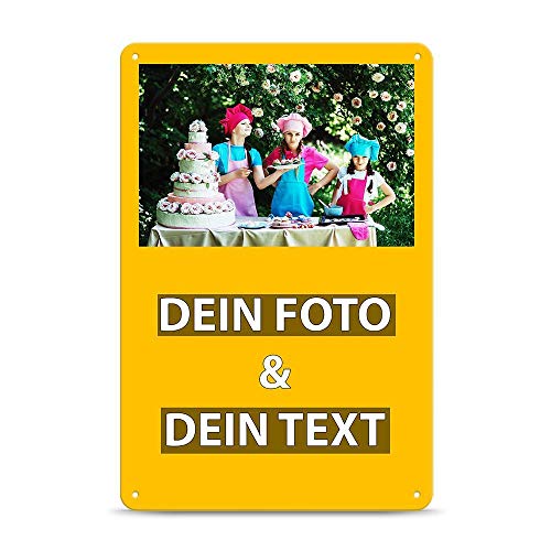 Blech-Schild mit Foto und Text selbst gestalten/Personalisierbar mit eigenem Bild als Metall-Poster / A4 (21x30cm) im Hochformat/Gelb von Tassendruck