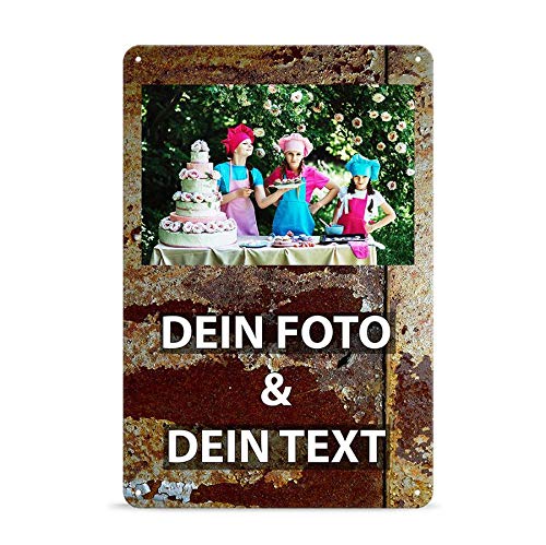 Blech-Schild mit Foto und Text selbst gestalten/Personalisierbar mit eigenem Bild als Metall-Poster / A4 (21x30cm) im Hochformat/Rost 2 von Tassendruck