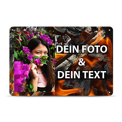 Blech-Schild mit Foto und Text selbst gestalten/Personalisierbar mit eigenem Bild als Metall-Poster / A4 (21x30cm) im Querformat/Asche 1 von Tassendruck