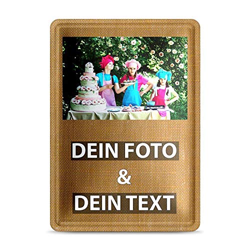 Tassendruck Blech-Schild mit Foto und Text selbst gestalten/Personalisierbar mit eigenem Bild als Metall-Poster / A6 (10x15cm) im Hochformat/Stoff 1 von Tassendruck