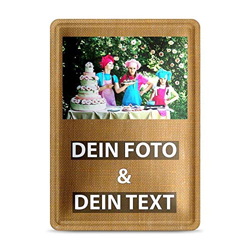 Blech-Schild mit Foto und Text selbst gestalten/Personalisierbar mit eigenem Bild als Metall-Poster / A6 (10x15cm) im Hochformat/Stoff 1 von Tassendruck