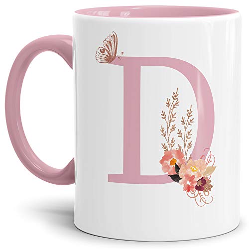 Buchstaben-Tasse mit Blumen - Buchstabe D - Innen & Henkel Rosa - Mug/Cup/Becher/Edel/Geschenk-Idee/Beste Qualität - 25 Jahre Erfahrung von Tassendruck