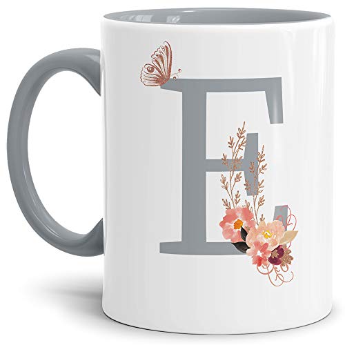 Buchstaben-Tasse mit Blumen - Buchstabe E - Innen & Henkel Grau - Mug/Cup/Becher/Edel/Geschenk-Idee/Beste Qualität - 25 Jahre Erfahrung von Tassendruck