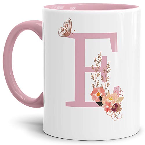 Buchstaben-Tasse mit Blumen - Buchstabe E - Innen & Henkel Rosa - Mug/Cup/Becher/Edel/Geschenk-Idee/Beste Qualität - 25 Jahre Erfahrung von Tassendruck