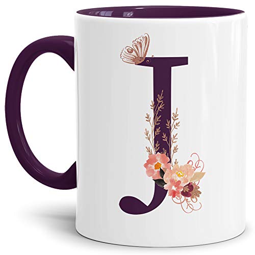 Buchstaben-Tasse mit Blumen - Buchstabe J - Innen & Henkel Violett - Mug/Cup/Becher/Edel/Geschenk-Idee/Beste Qualität - 25 Jahre Erfahrung von Tassendruck