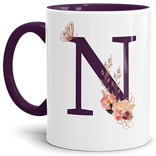 Buchstaben-Tasse mit Blumen - Buchstabe N - Innen & Henkel Violett - Mug/Cup/Becher/Edel/Geschenk-Idee/Beste Qualität - 25 Jahre Erfahrung von Tassendruck