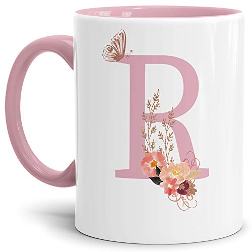 Buchstaben-Tasse mit Blumen - Buchstabe R - Innen & Henkel Rosa - Mug/Cup/Becher/Edel/Geschenk-Idee/Beste Qualität - 25 Jahre Erfahrung von Tassendruck