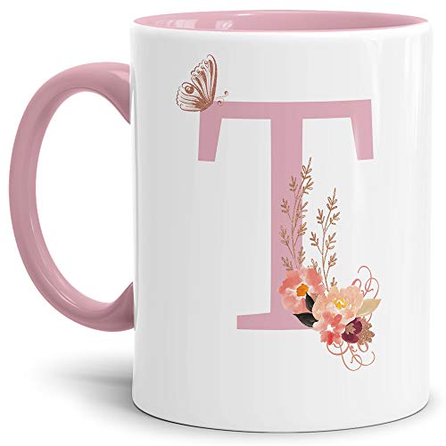 Buchstaben-Tasse mit Blumen - Buchstabe T - Innen & Henkel Rosa - Mug/Cup/Becher/Edel/Geschenk-Idee/Beste Qualität - 25 Jahre Erfahrung von Tassendruck