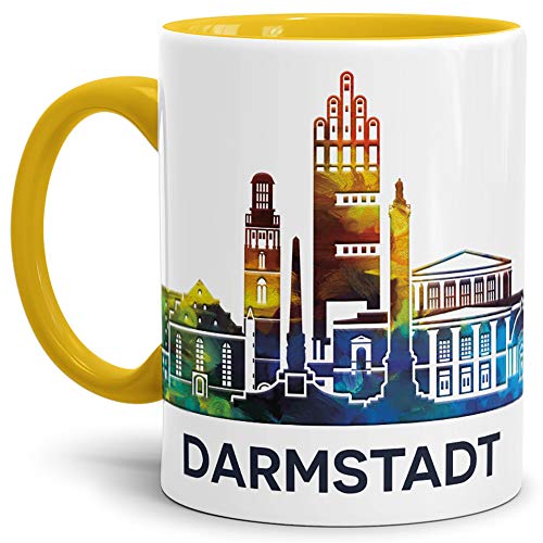 Darmstadt-Tasse Skyline - Kaffeetasse/Silhouette/Souvenir/Städte-Tasse/Mug/Cup/Becher/Beste Qualität - 25 Jahre Erfahrung - Innen & Henkel Gelb von Tassendruck