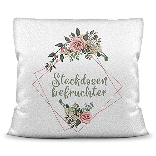 Deko-Kissen mit Blumen-Kranz und Spruch Steckdosenbefruchter - Beleidigung/Schimpfwort/Geschenkidee / 40 cm x 40 cm/Kissen weiß Polyester (flauschig) inkl. Füllung von Tassendruck