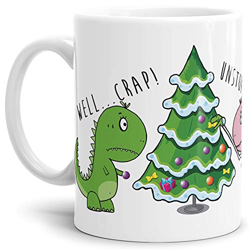 Dino-Tasse Well? Crap! - Weihnachten Geschenk-Artikel/Liebes-Tasse/Witzig/Paar/Liebe/Kaffeetasse/Teetasse/Dino-Saurier/Weiss von Tassendruck