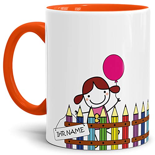 Einschulungs-Tasse "Mädchen am Zaun" - ABC-Schütze/Schule/Kind / 1. Klasse/Geschenk zur Einschulung/Schul-klasse/Personalisiert/mit Name/Innen & Henkel Orange Einschulungs-Tasse "Mädchen am Zaun" - ABC-Schütze/Schule/Kind / 1. Klasse/Geschenk zur Einschulung/Schul-klasse/Personalisiert/mit Name/Innen & Henkel Orange von Tassendruck