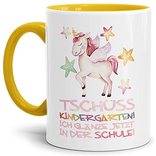 Einschulungs-Tasse "Tschüss Kindergarten" - ABC-Schütze/Schule/Kind / 1. Klasse/Geschenk zur Einschulung/Schul-klasse/Innen & Henkel Gelb von Tassendruck