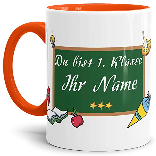 Einschulungs-Tasse "Du bist 1. Klasse" - ABC-Schütze/Schule/Kind / 1. Klasse/Geschenk zur Einschulung/Schul-klasse/Personalisiert/mit Name/Innen & Henkel Orange von Tassendruck