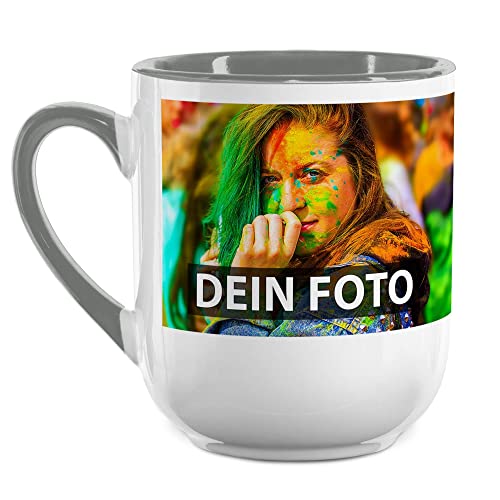 Elegante Fototasse selbst gestalten - mit Foto & Text Personalisieren - Edle Tasse mit abgerundetem Boden - Keramik Innen & Henkel Grau, 250ml von Tassendruck