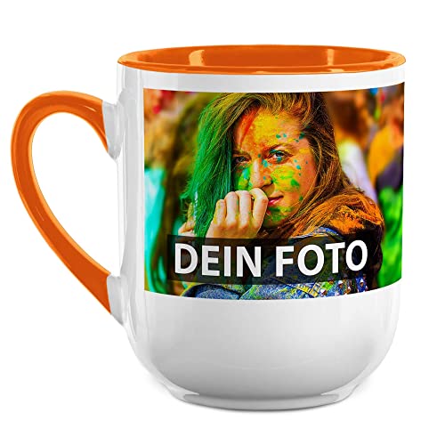 Elegante Fototasse selbst gestalten - mit Foto & Text Personalisieren - Edle Tasse mit abgerundetem Boden - Keramik Innen & Henkel Orange, 250ml von Tassendruck