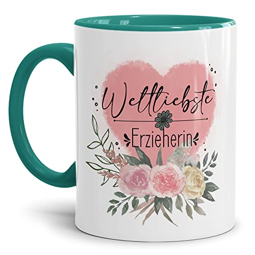 Erzieherin-Tasse - Weltliebste Erzieherin - Geschenk für Erzieherin zum Abschied, Danke sagen, Abschiedsgeschenk | 300ml, Innen & Henkel Türkis von Tassendruck