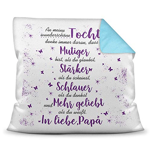 Familie-Kissen mit Spruch von dem Vater für die Tochter - Kissenbezug inklusive Kissen/Verwandte/Geschenk-Idee/Liebling/Kinder/Farbkissen Rückseite Himmelblau von Tassendruck