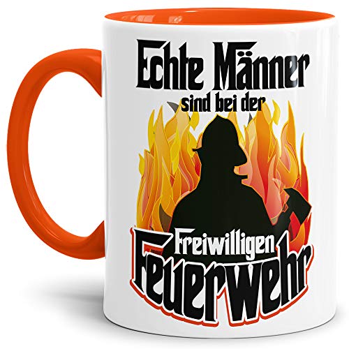 Feuerwehr-Tasse "Echte Männer FFW" Beruf/Helden/Lustig/Spruch/Geschenk-Idee/Innen & Henkel Orange von Tassendruck