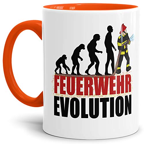 Feuerwehr-Tasse "Feuerwehr Evolution" Beruf/Helden/Lustig/Spruch/Geschenk-Idee/Innen & Henkel Orange von Tassendruck